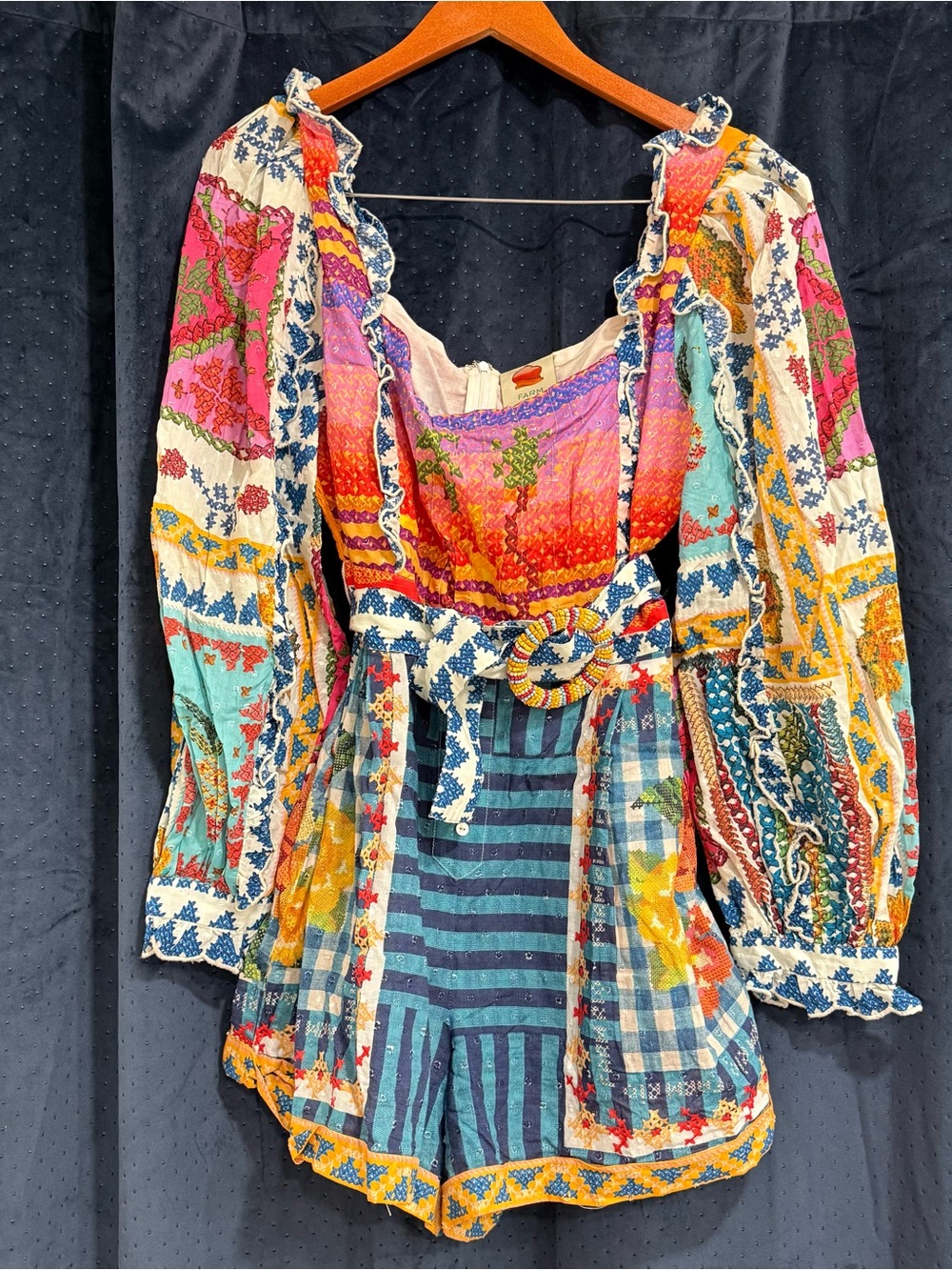FARM Rio Multicolor Patchwork Romper with Beaded Belt